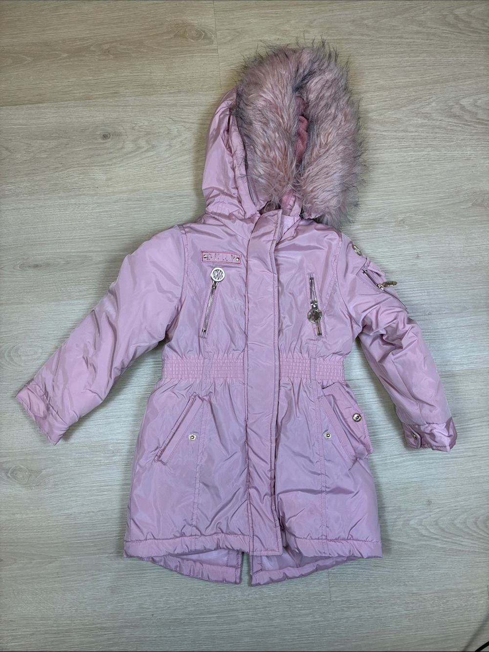 DKNY Girls' Light Pink Faux Fur-Trimmed Puffer Coat